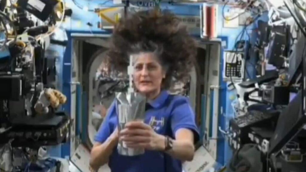 Sunita Williams demonstrates how to drink liquid in space watch the video