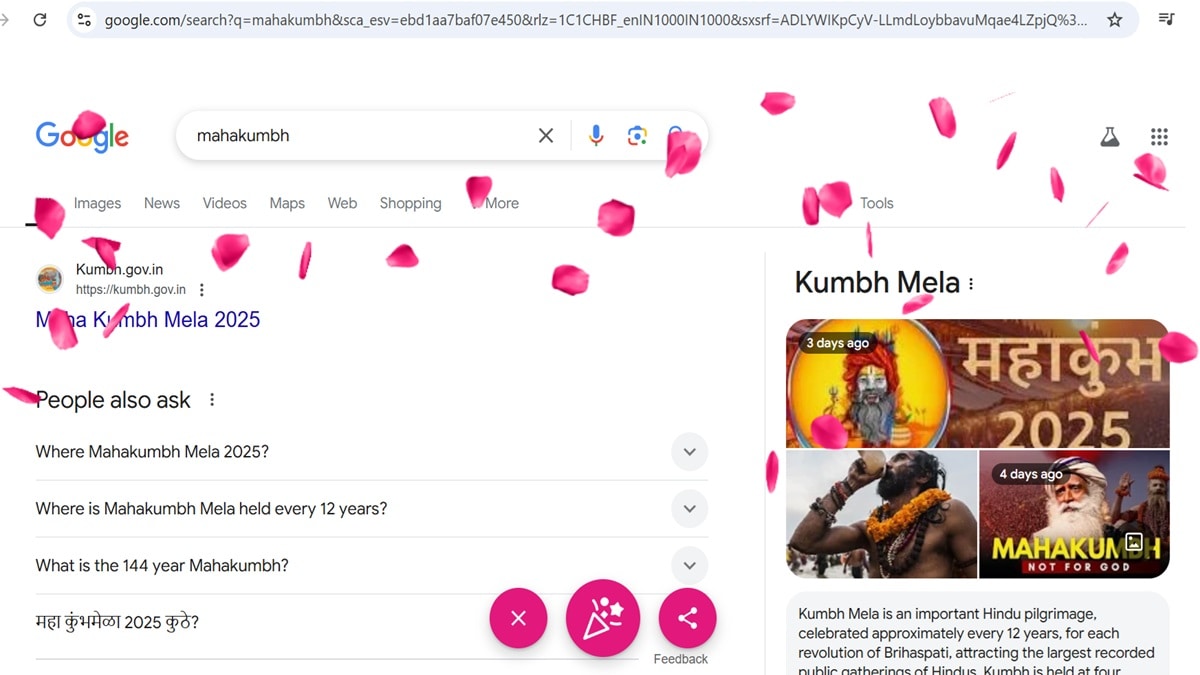 Rose Petals animation on typing Maha kumbh at google